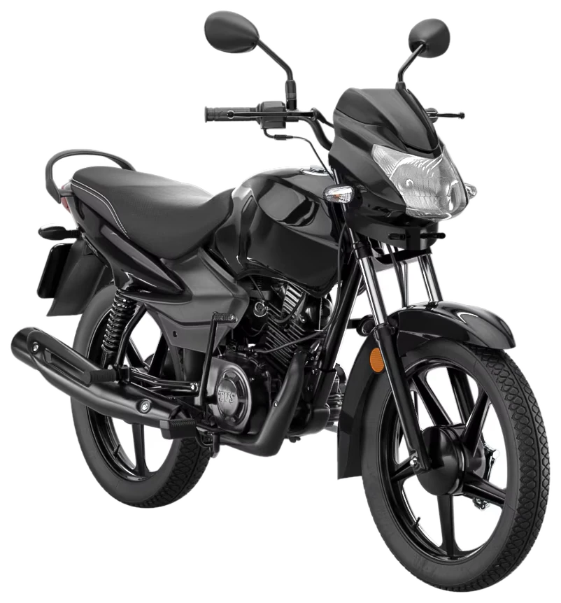 Mottu Sport ESD 2025 preta em foto de estudio, vista tres quartos frontal, mostrando tanque, banco e escapamento